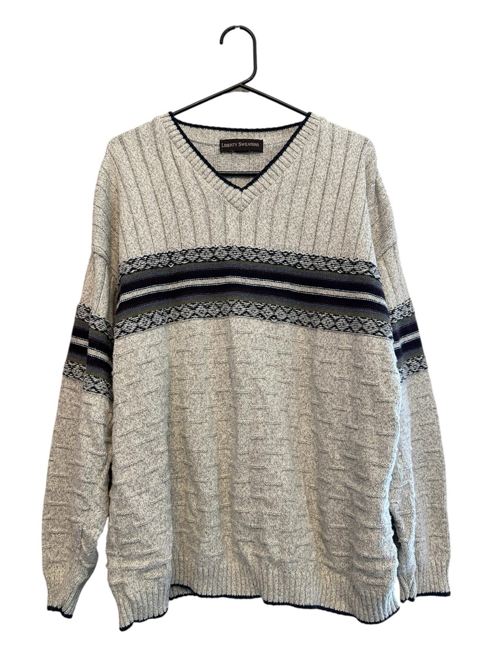 90’s Vintage Liberty Sweaters Men's Grey V-Neck Striped Sweater XL